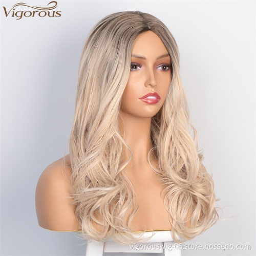 Vigorous High Temperature Wholesale Price Long Ombre Black To Blonde Wavy Wigs Middle Part Synthetic Wigs For Black Women